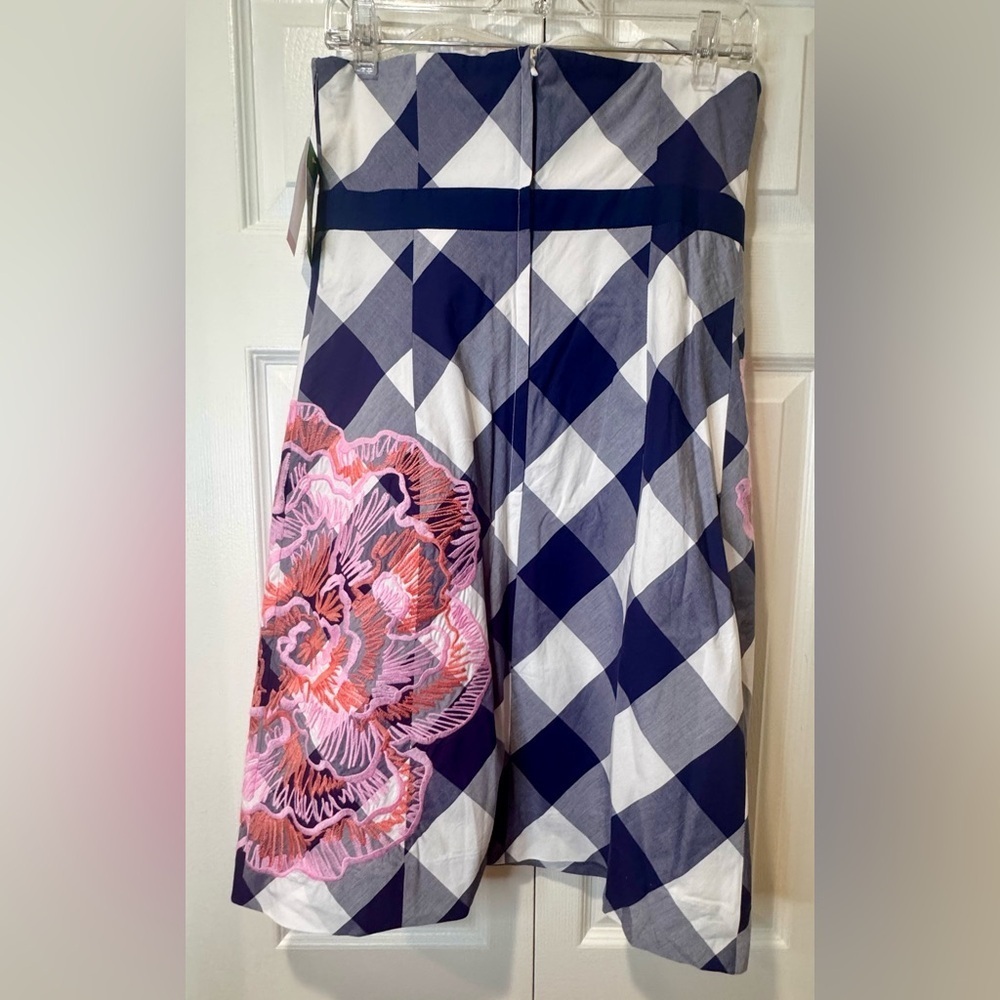 Lilly Pulitzer Strapless Dress in Navy Gingham with Pink Floral Appliqué - Picture 3 of 16